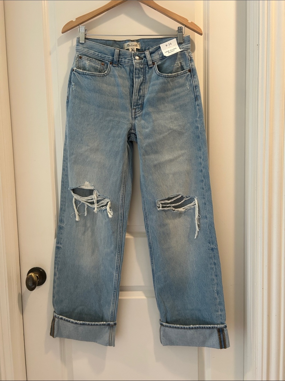 Madewell Low-Slung Baggy Distressed Women’s Cuffed Hem Jeans button fly size 24